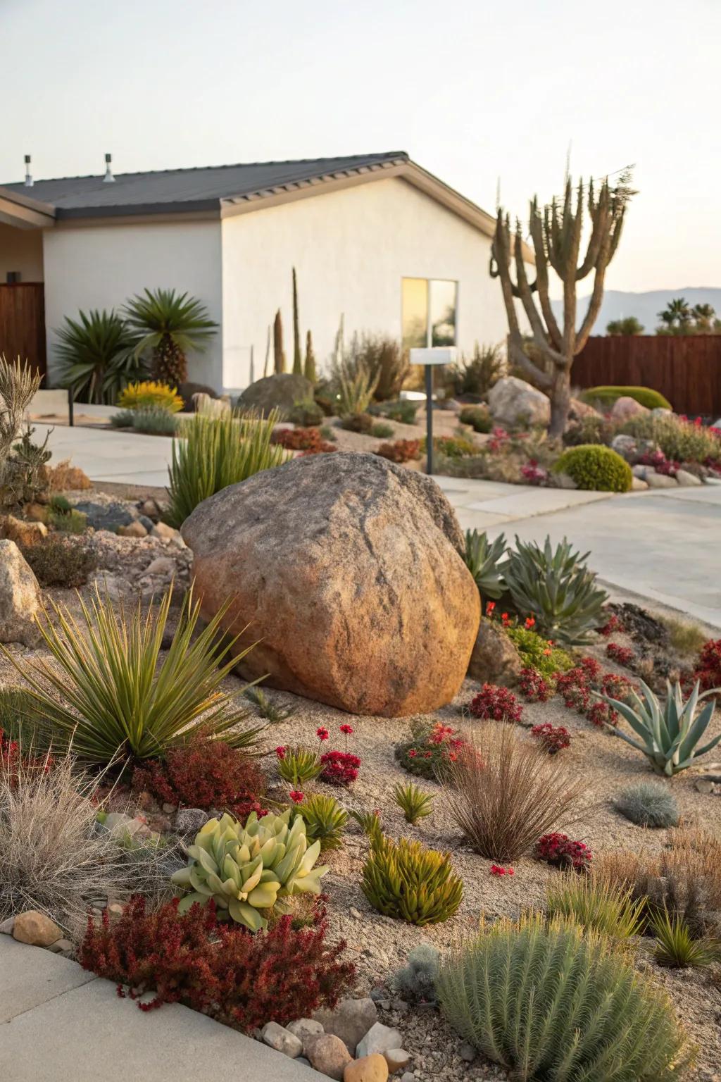 A point of focus enhances the visual impact of a xeriscape front yard.