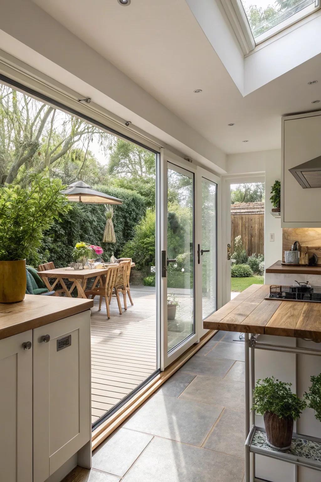 Indoor-outdoor flow connects the kitchen with nature, expanding living space and ambiance.