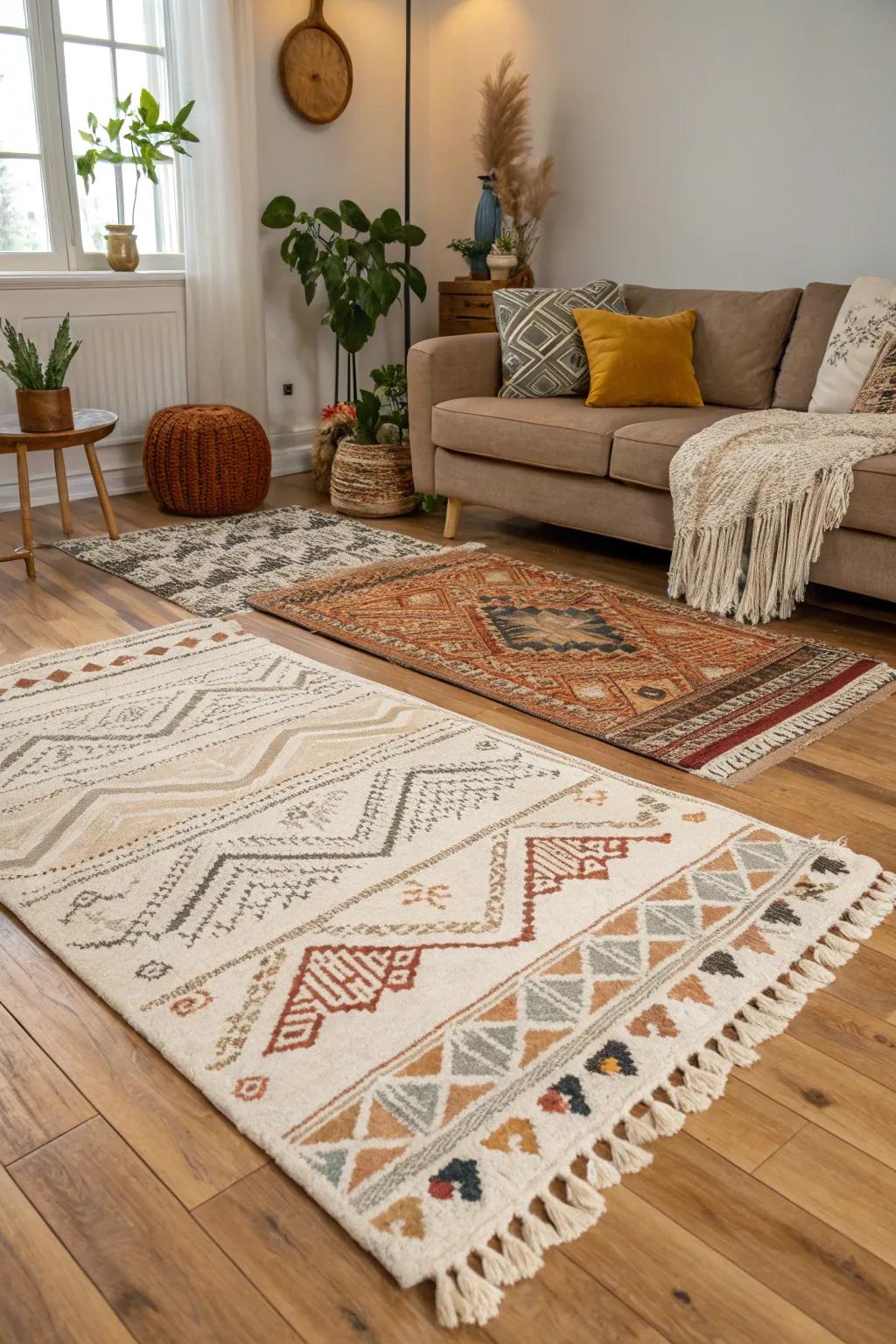 Layered rugs introduce warmth and texture to this inviting living room.