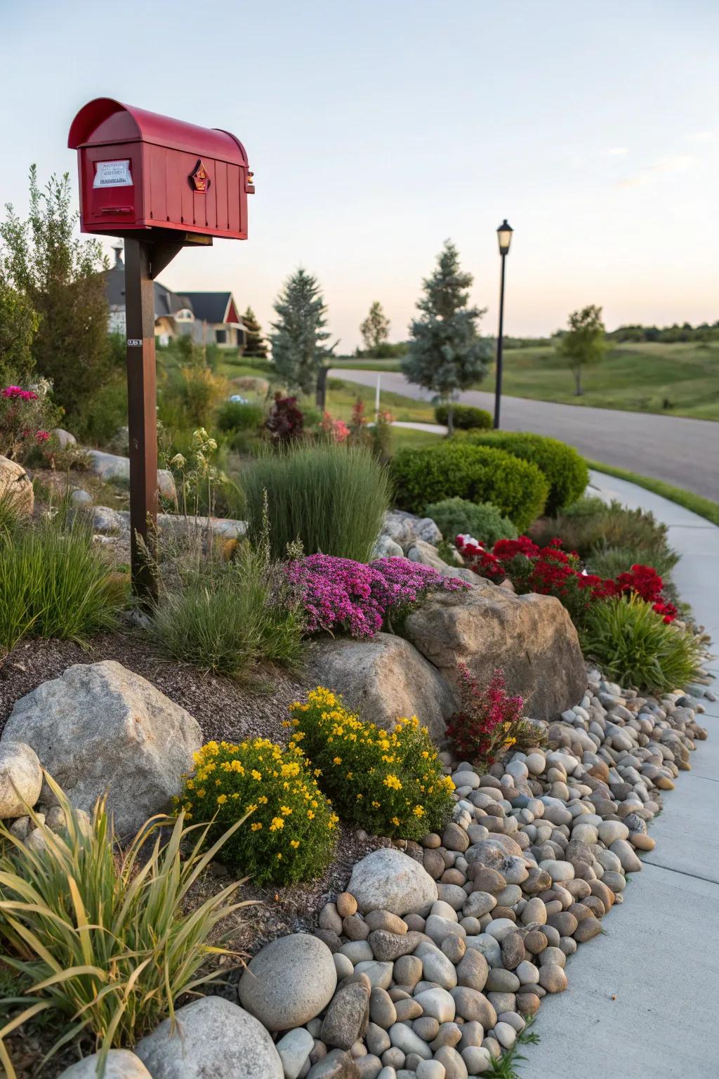 A diminutive boulder sanctuary bestows a tranquil ambiance upon your mailbox's scenery.