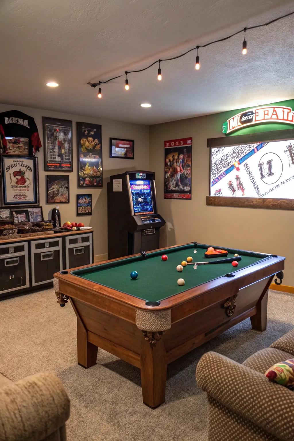 Recreational activities make this man cave an exciting place to be.
