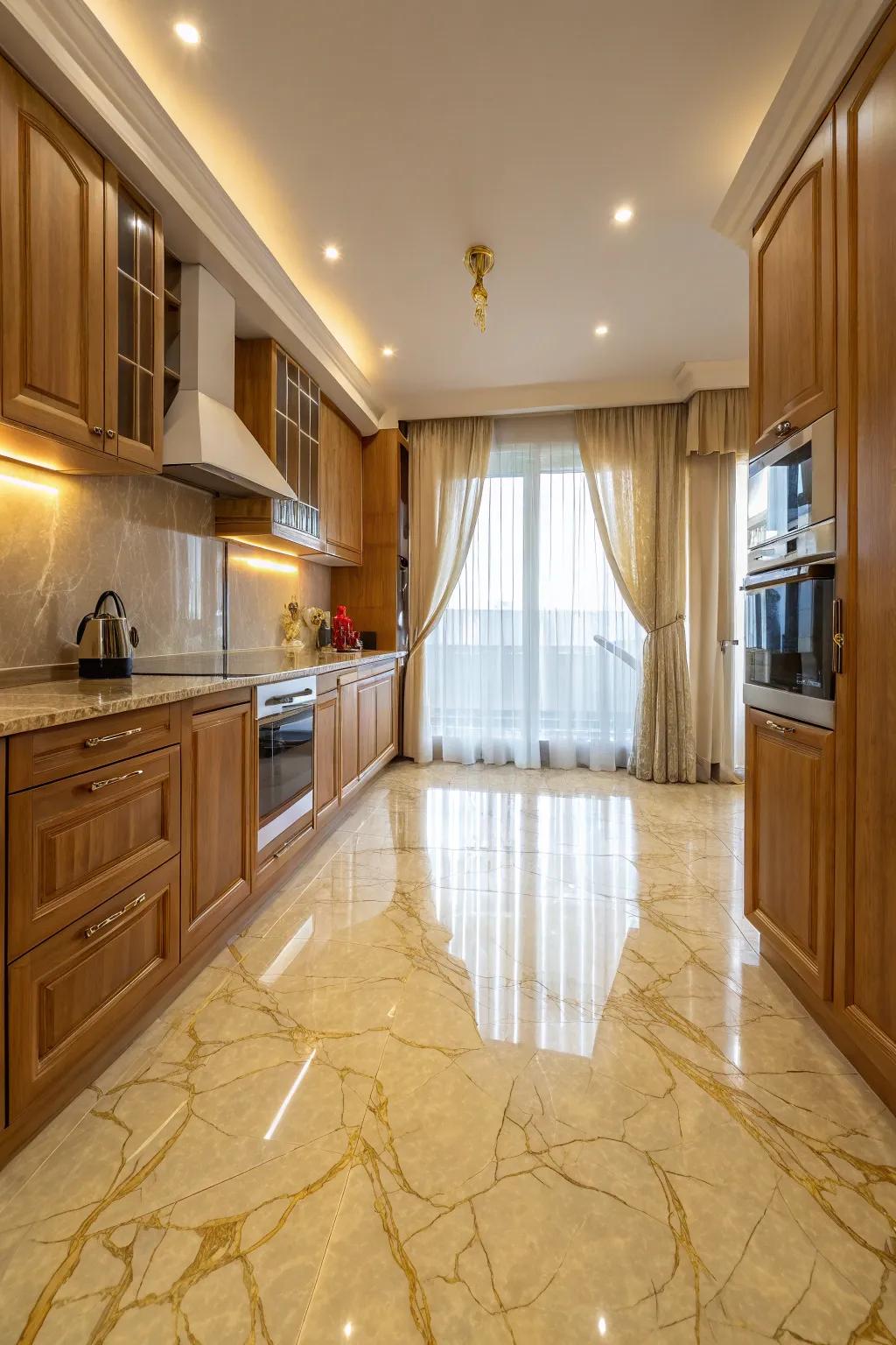A serene kitchen featuring tranquil gold royal marble floors.