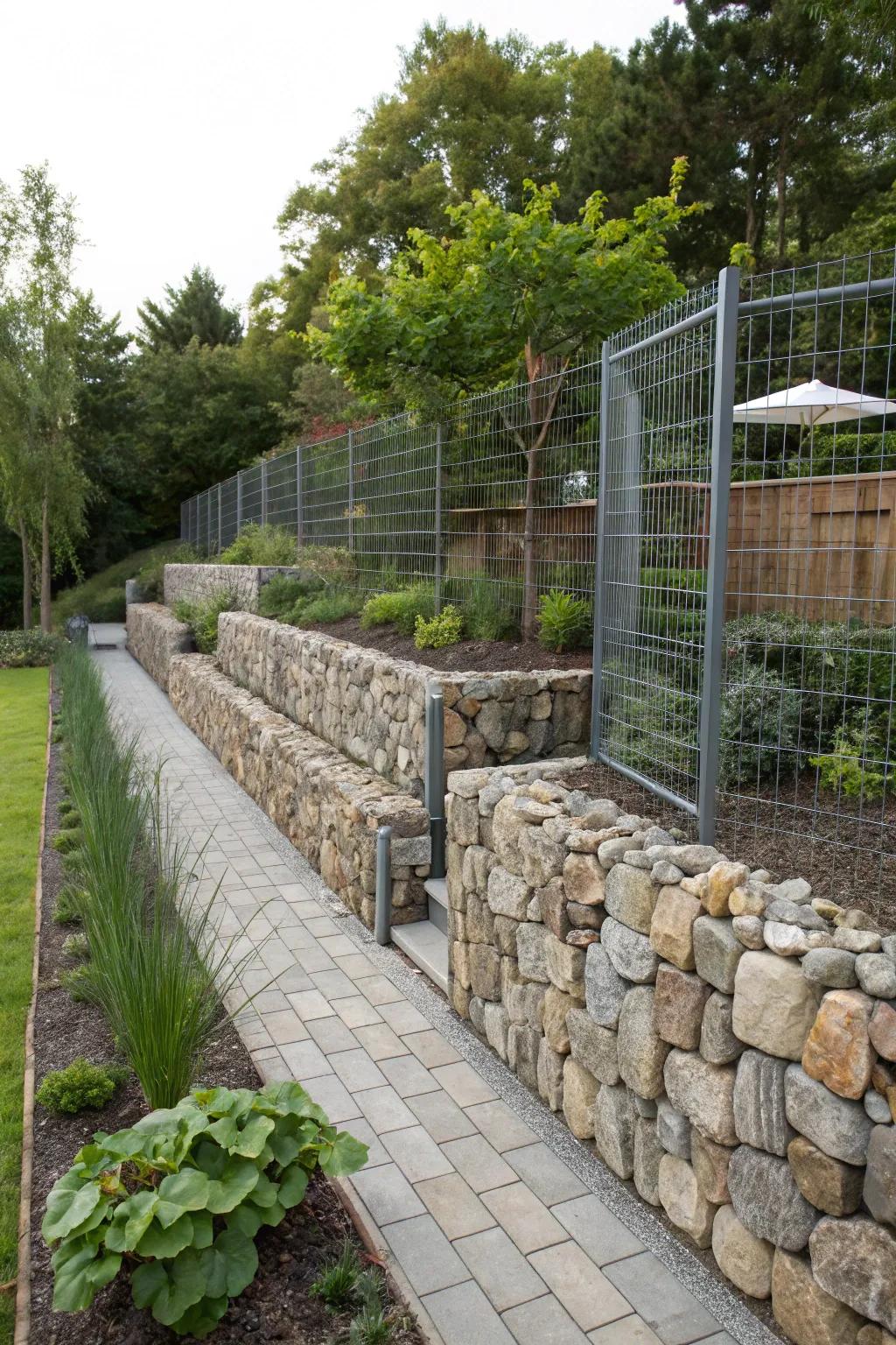 Gabion walls harmonize nature with metal structures