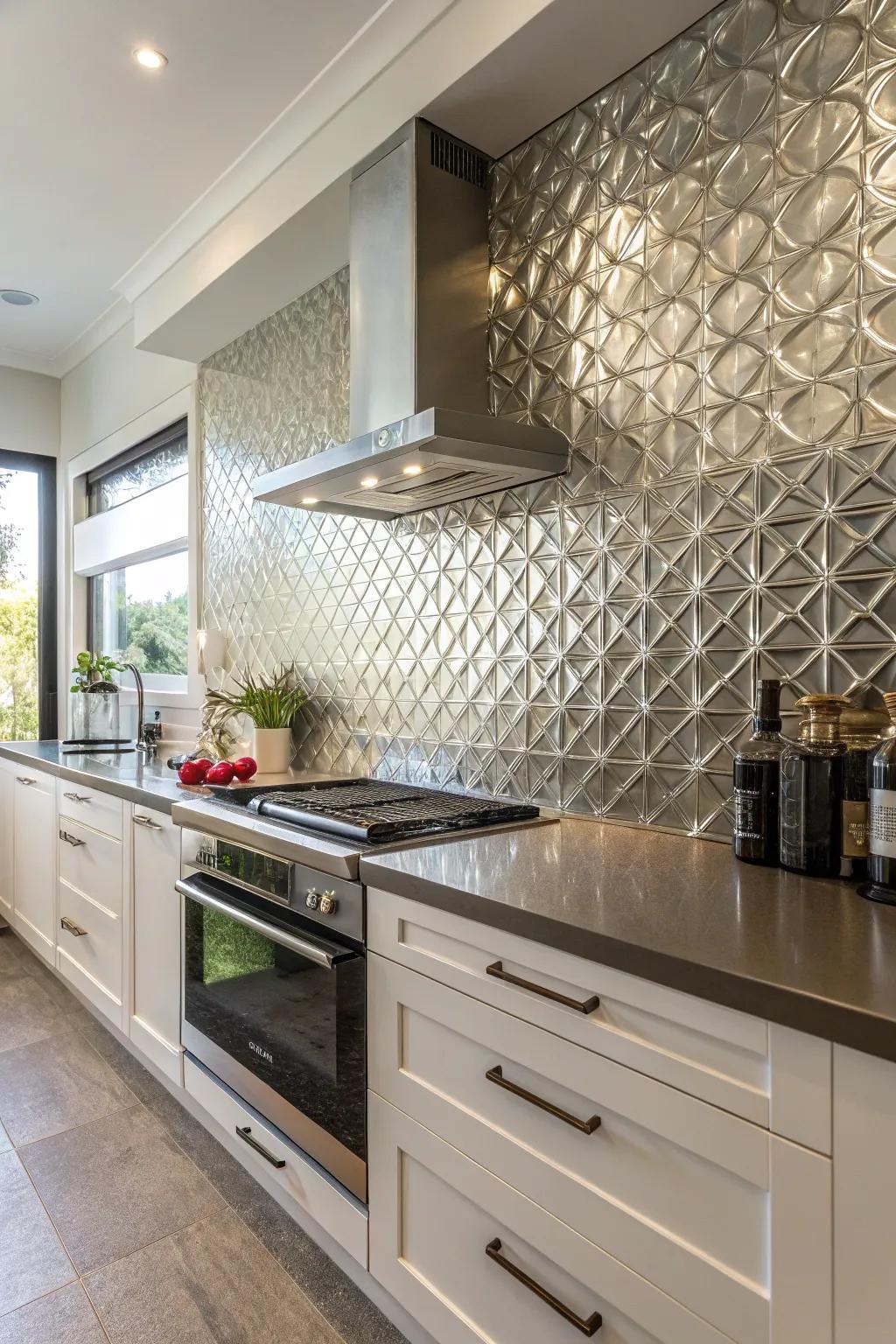 A kitchen featuring a three-dimensional metal tile backsplash for added depth.