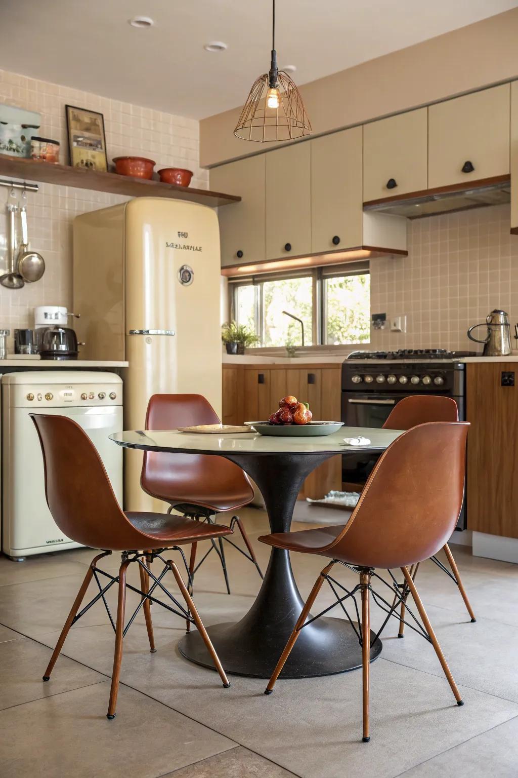 Eames-style chairs add a touch of iconic design to this dining area.