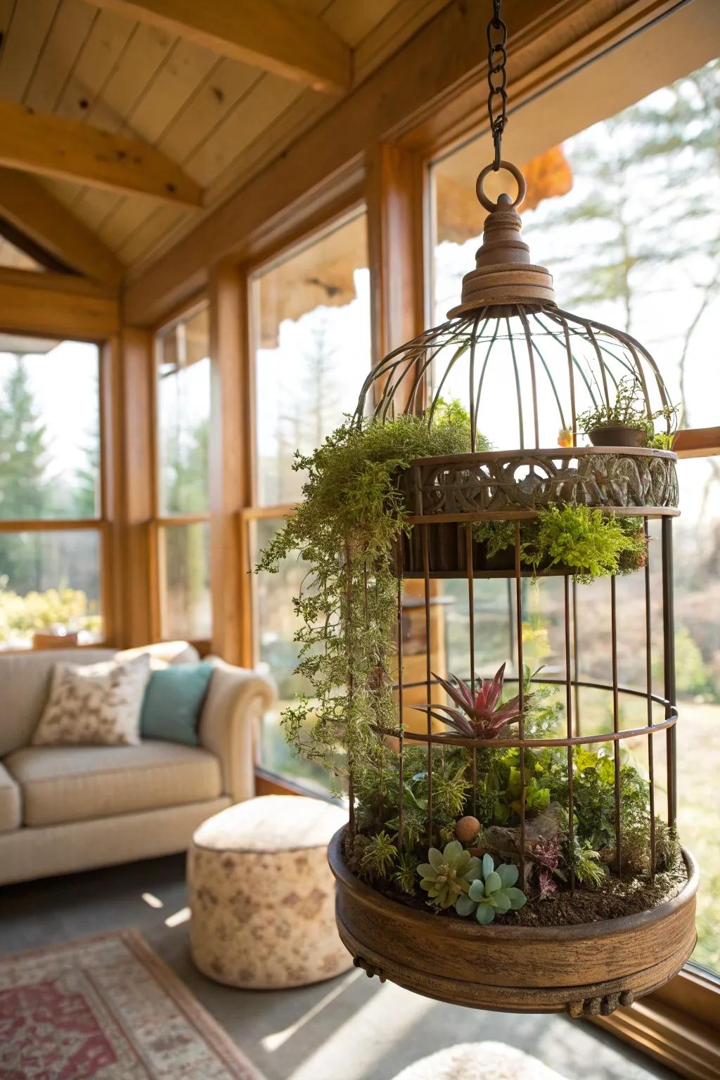 An aviary repurposed into a thriving succulent garden.