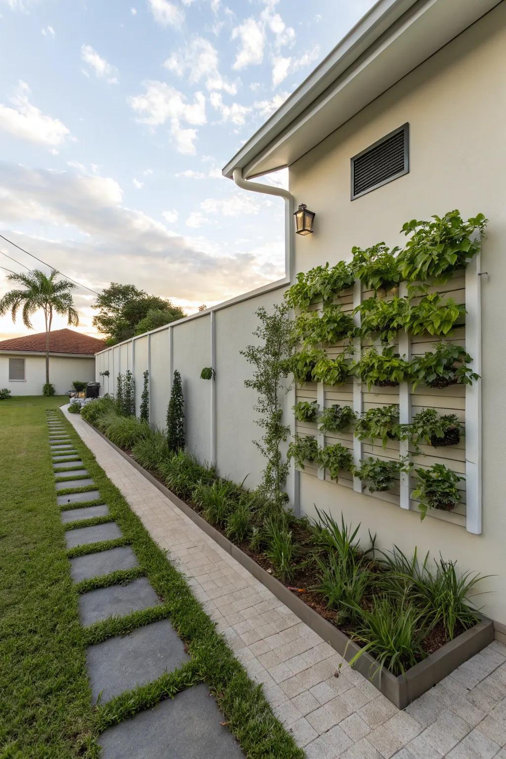 A vertical garden adds greenery while saving space.