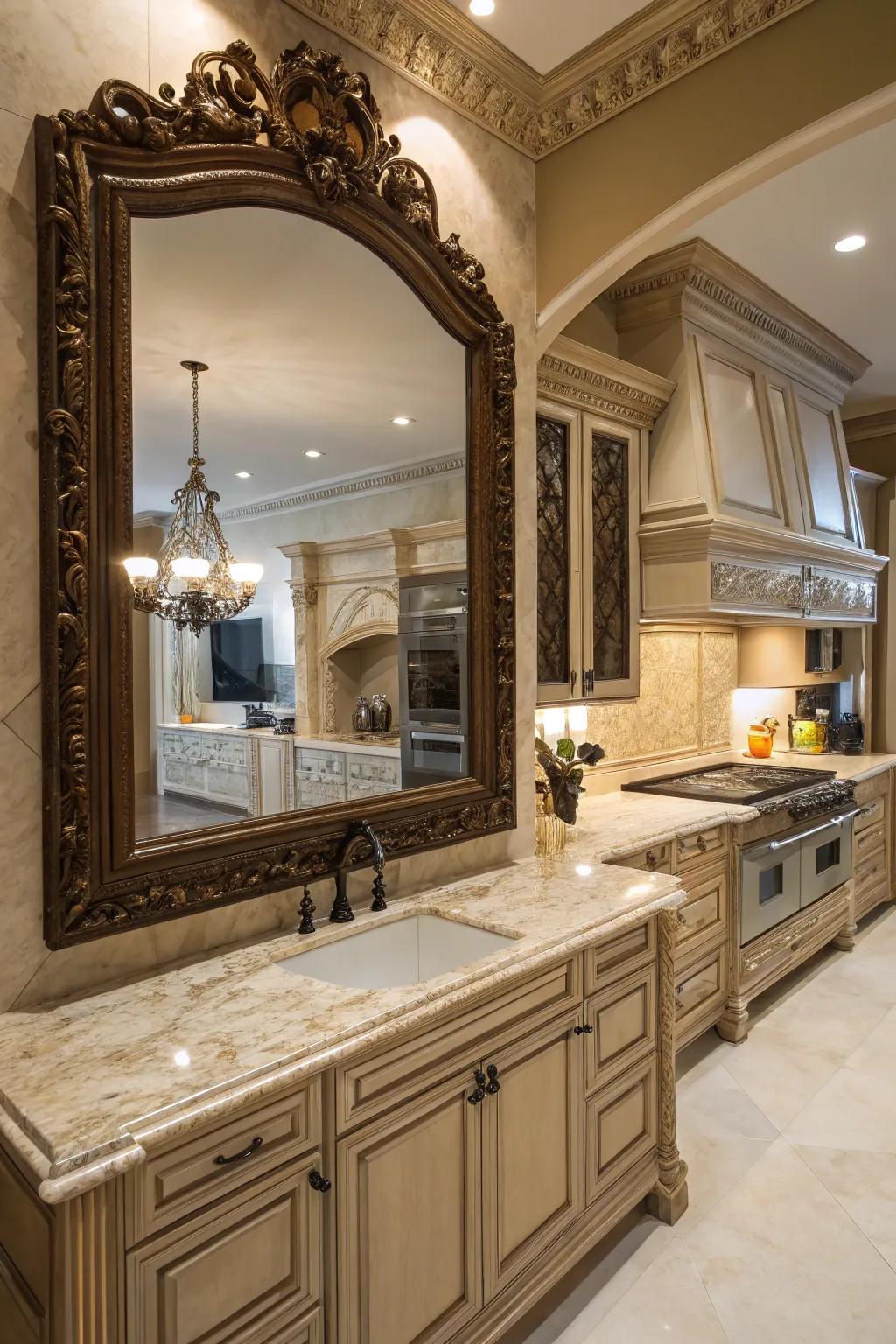 An ornate mirror adding a luxurious touch and serving as a focal point in the kitchen.