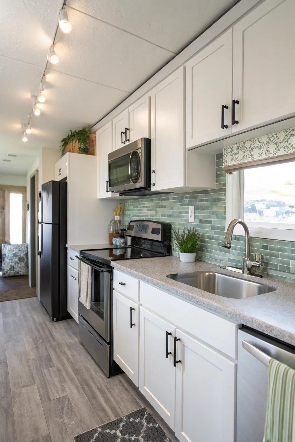 A glass tile backsplash adds a modern touch.