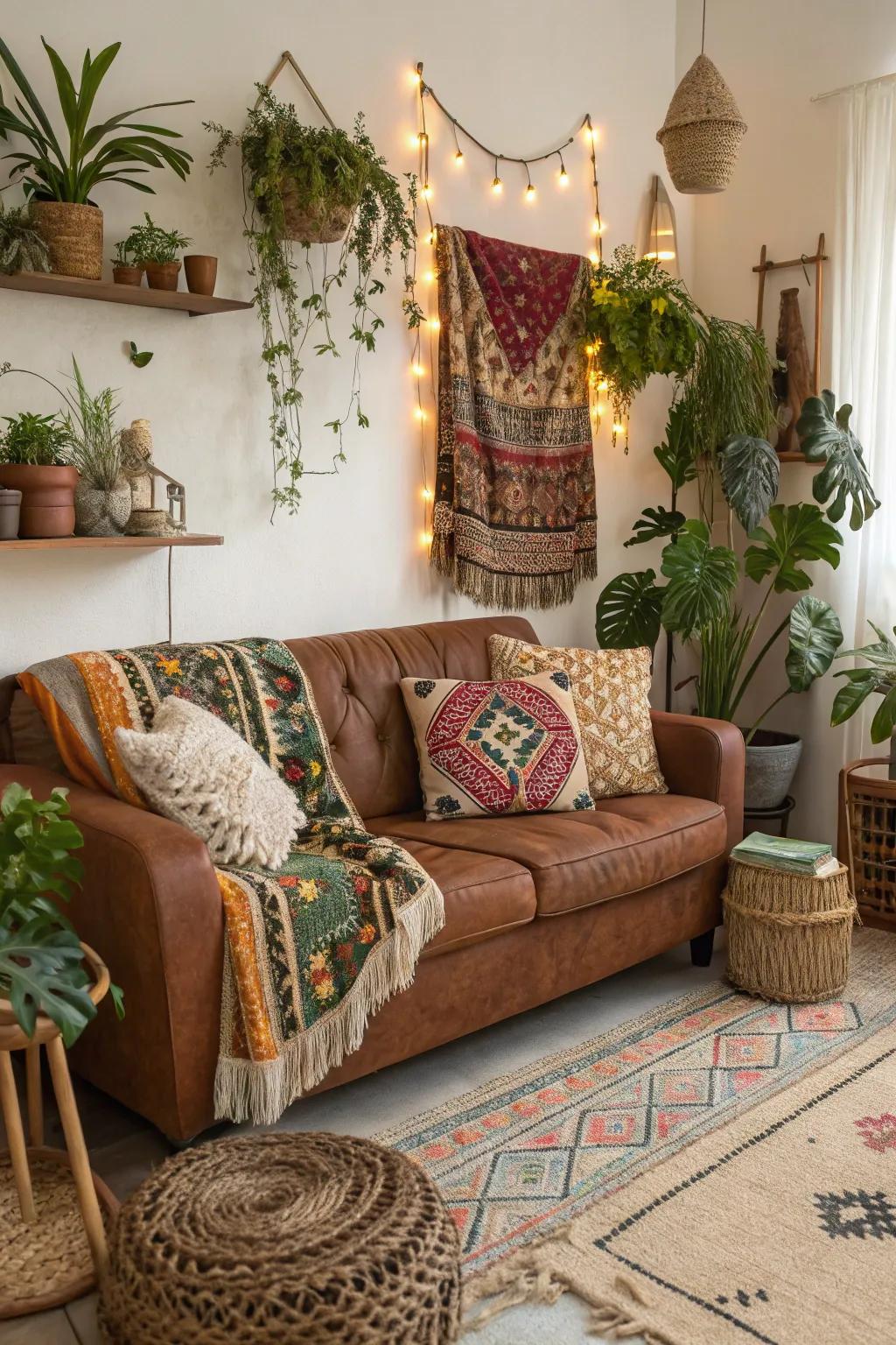 Eclectic elements create a relaxed and vibrant space around the cacao sofa.