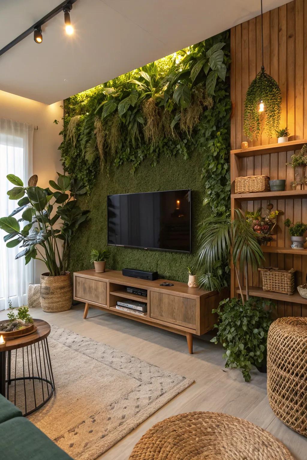 Greenery adds a fresh, organic touch to the TV wall.