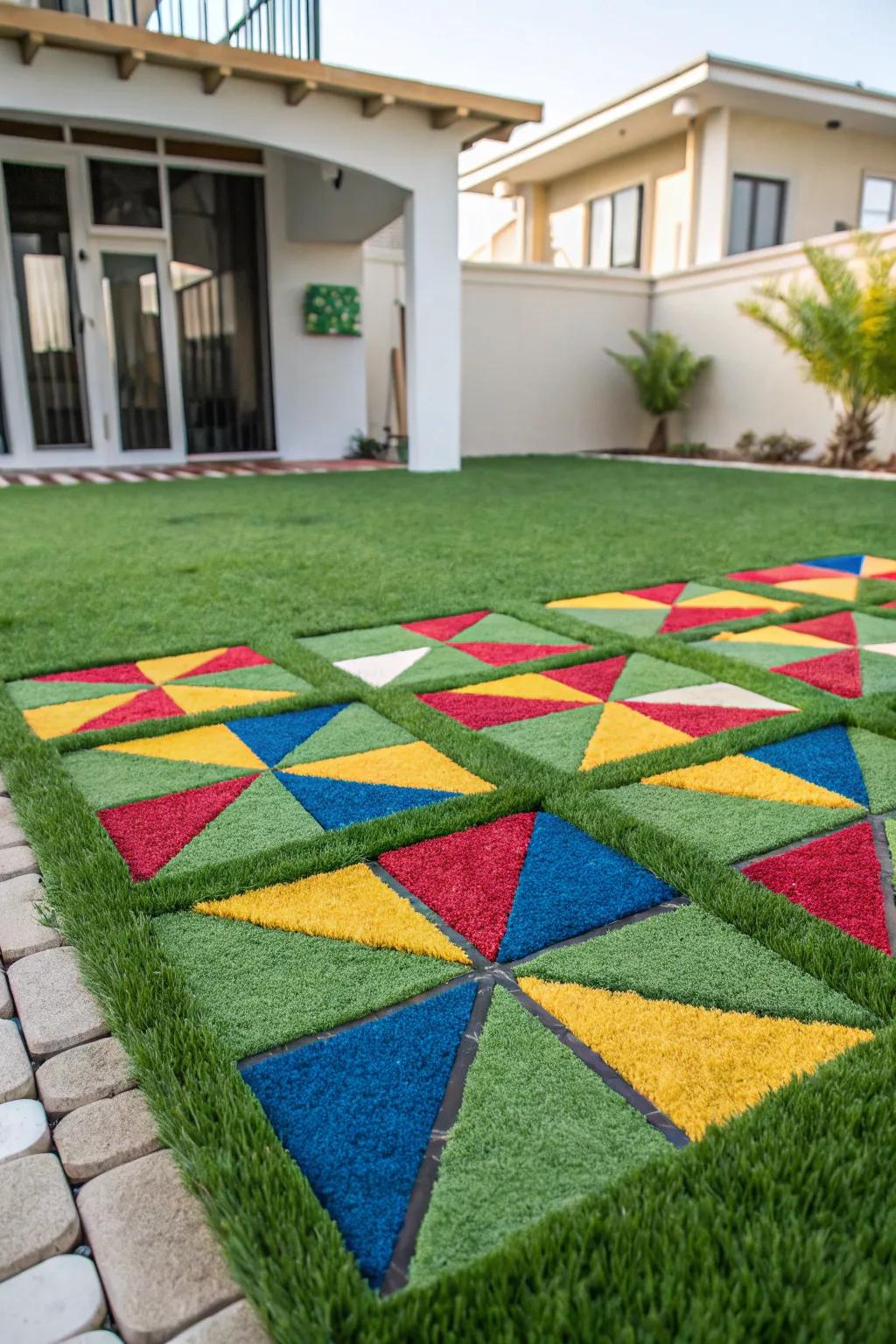 Geometric designs bring an artistic touch to the artificial grass layout.