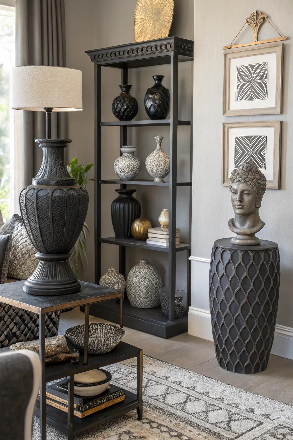 Decorative accessories in black and grey enhance the room's cohesive look.