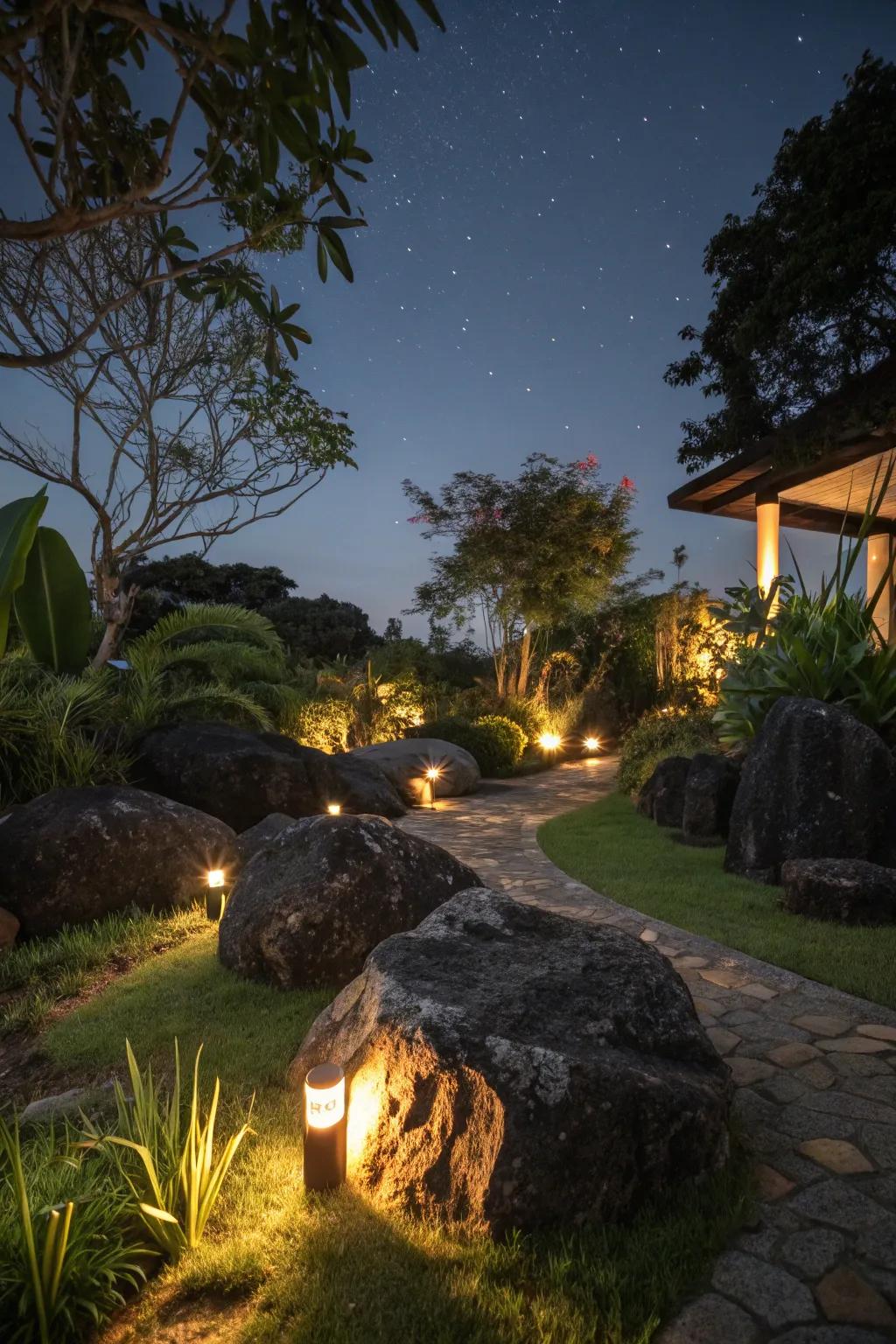 Outdoor lights create a dramatic effect with black rocks.