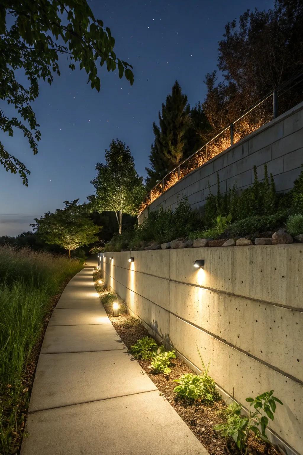 Concrete wall with embedded illumination for an enchanted night garden.