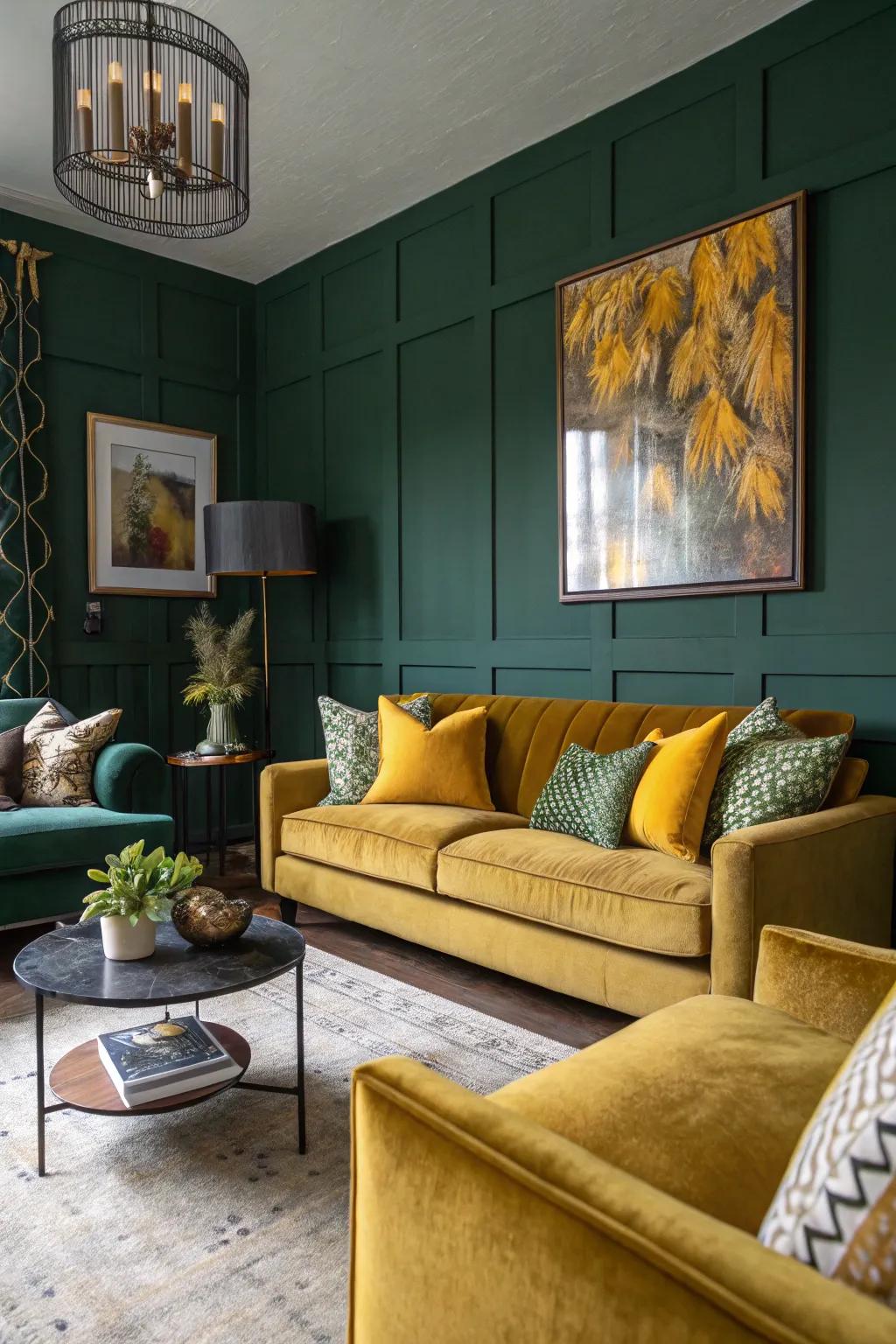 Eye-popping splashes of color bring a lively feel to a dark green living space.