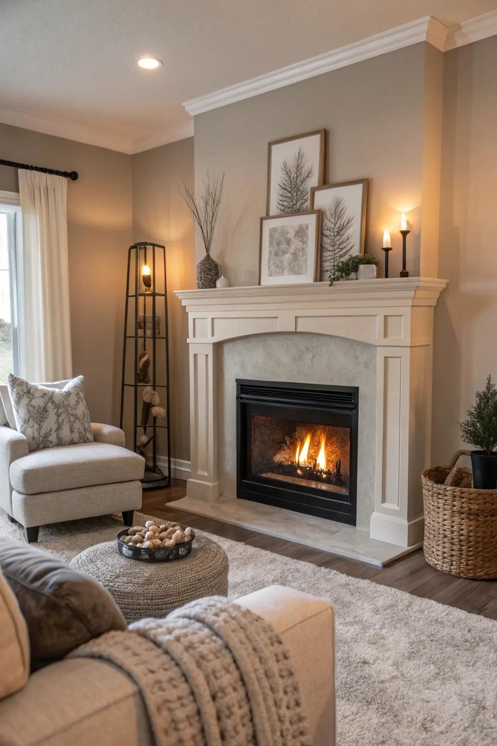 An electric fireplace is elegantly arranged in a living room with a unified neutral palette.