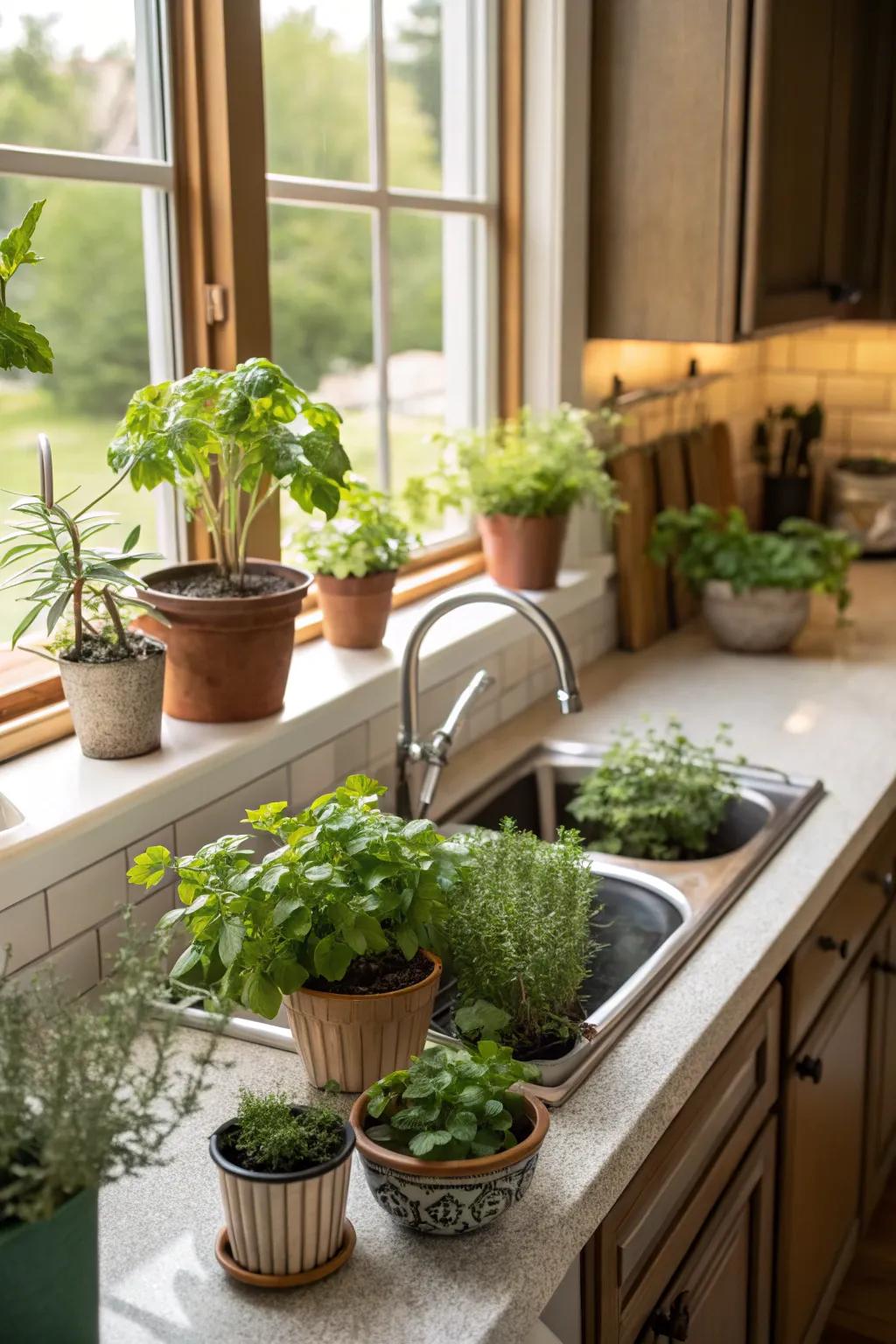 Vegetation delivers freshness and life to this modern farmhouse kitchen.