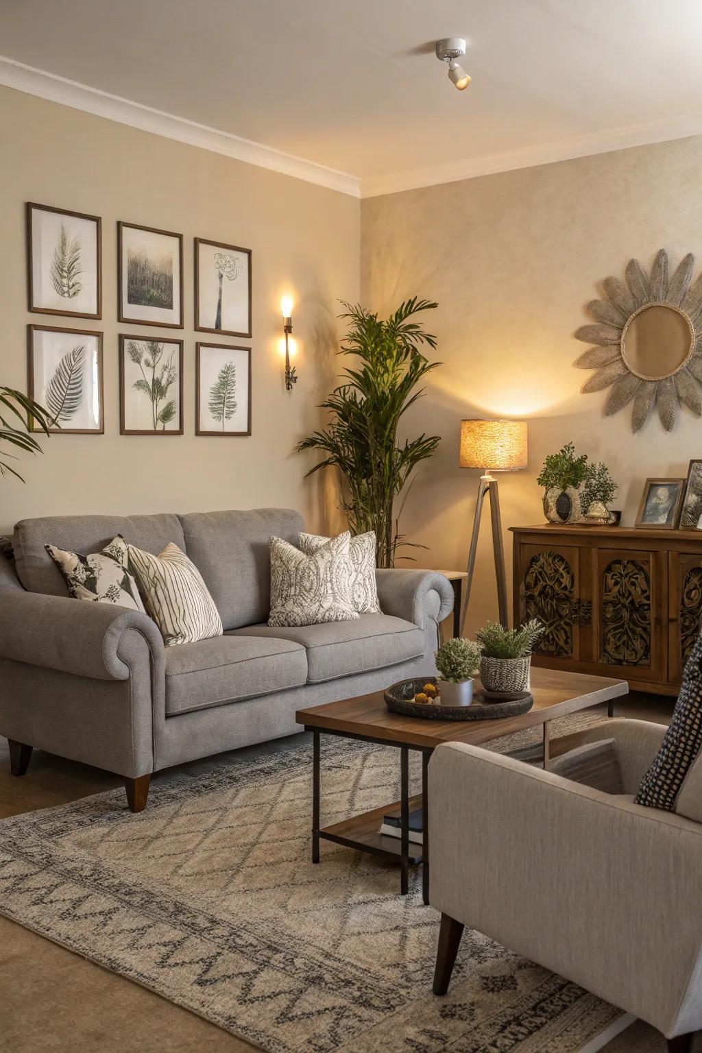 A beige highlight wall constructs a striking focal point.