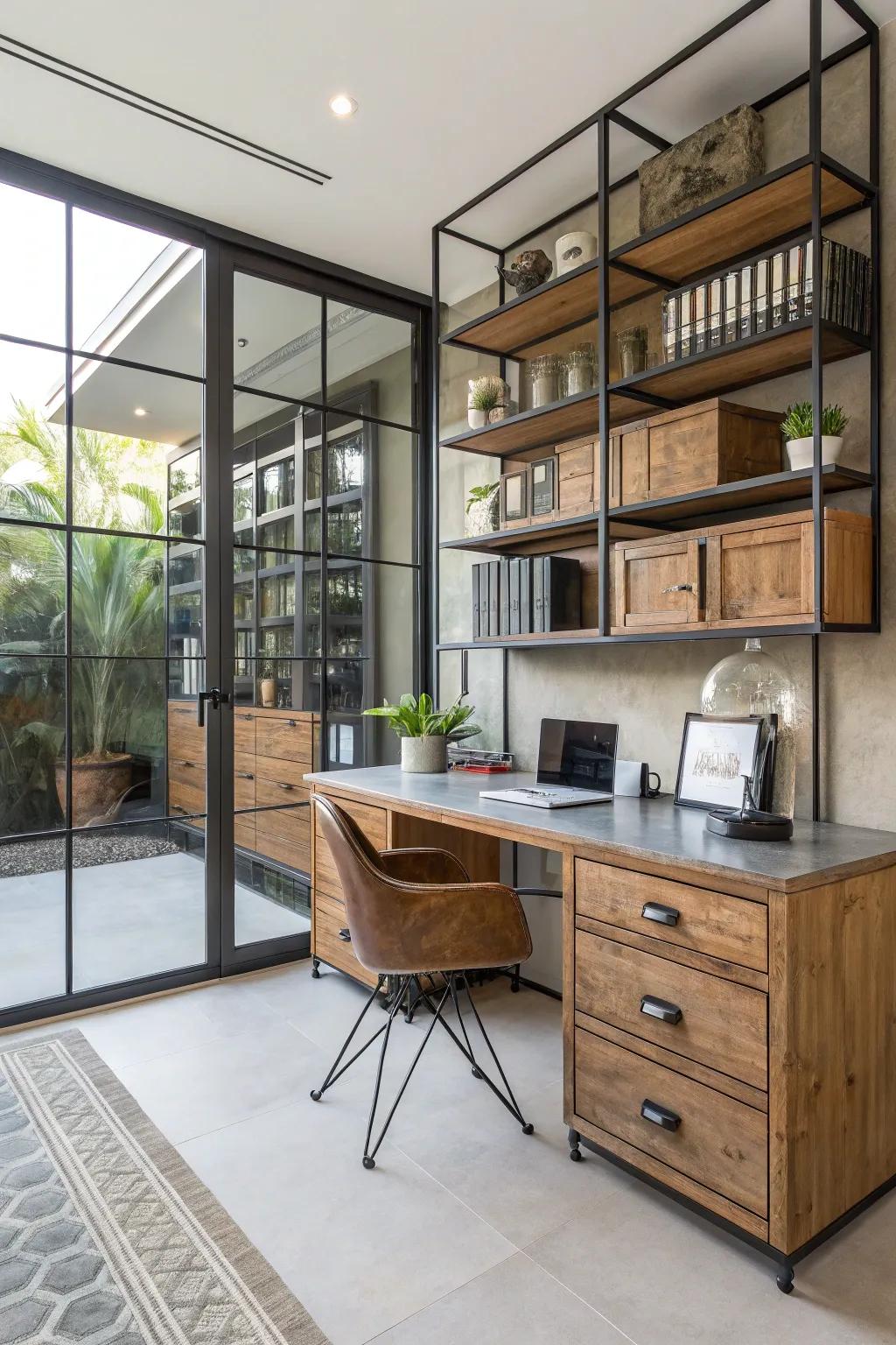 Integrating varied materials for a dynamic home office design.