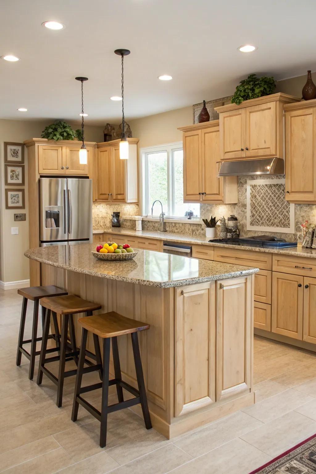 A central island with light maple cabinets enhances functionality and style.