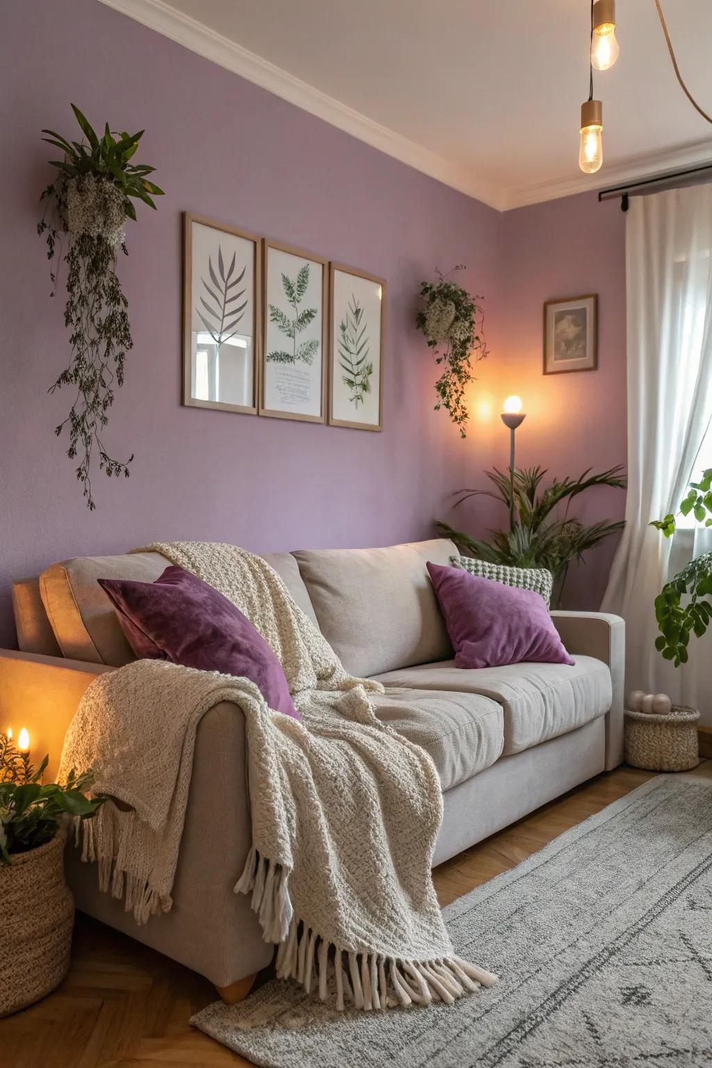 Lilac walls establish a calming and welcoming atmosphere in this living space.