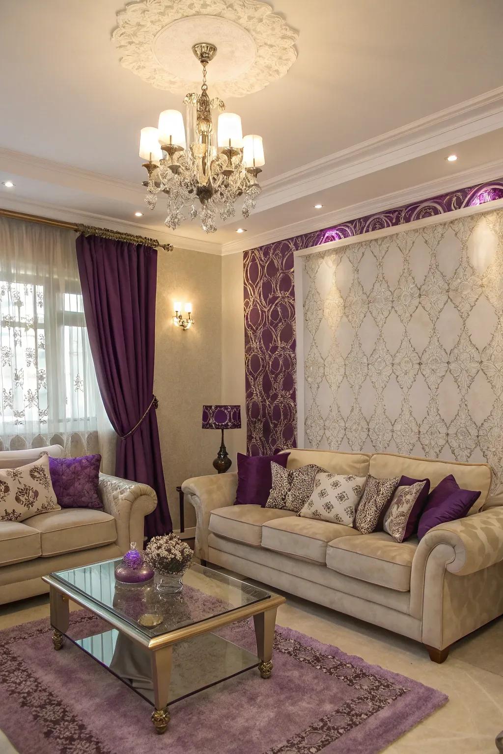 Purple decorative accents enhancing the living room's elegance.