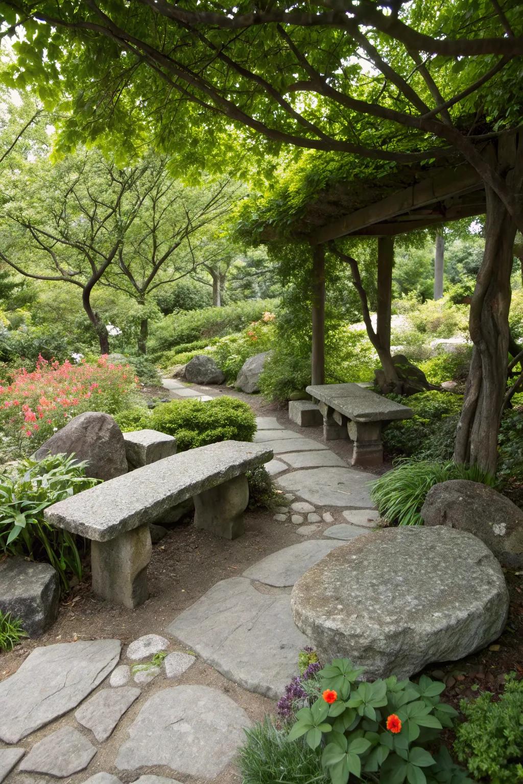 A stone bench seating area encourages relaxation and enjoyment of nature.