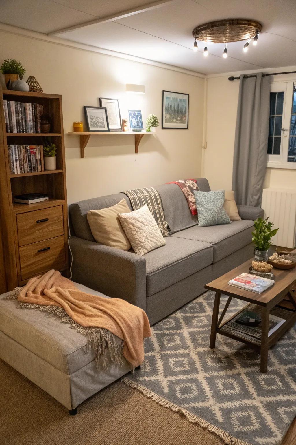 A compact living area featuring multi-purpose furnishings like a sleeper sectional.