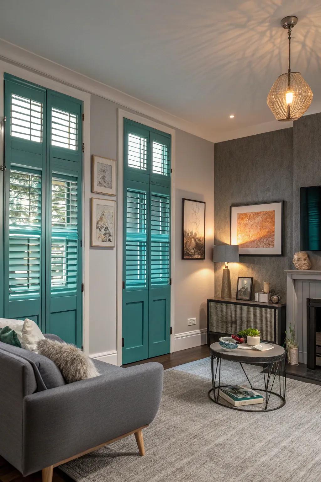 Teal shutters add a striking focal point to a contemporary living room.