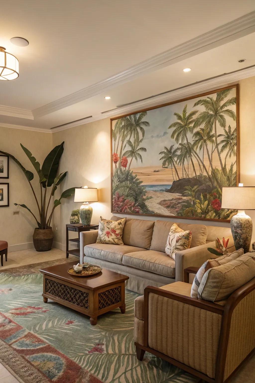 A captivating art piece anchors the room's point of focus.