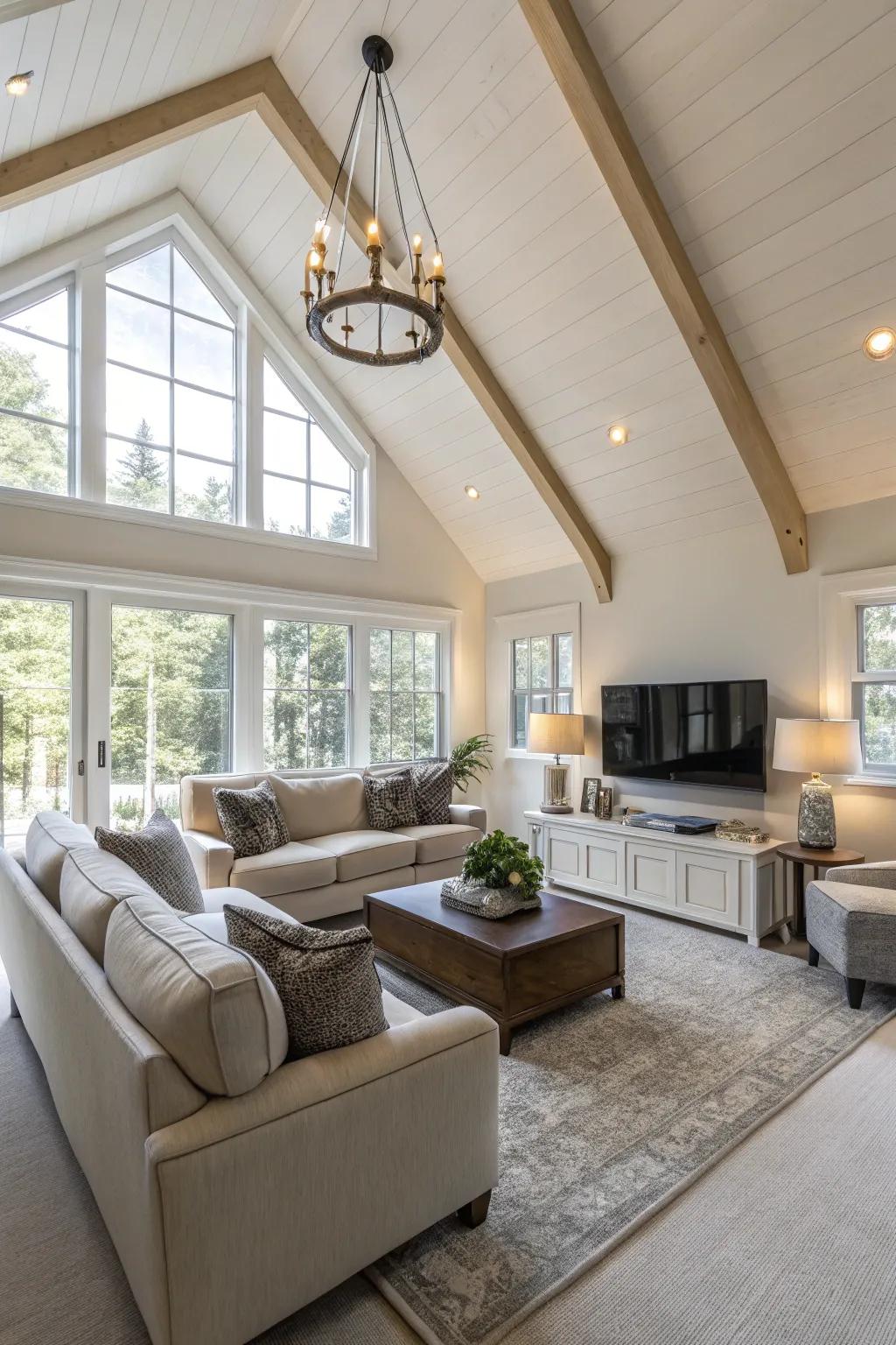 Roomy seating contributes comfort and style to this high ceiling living area.