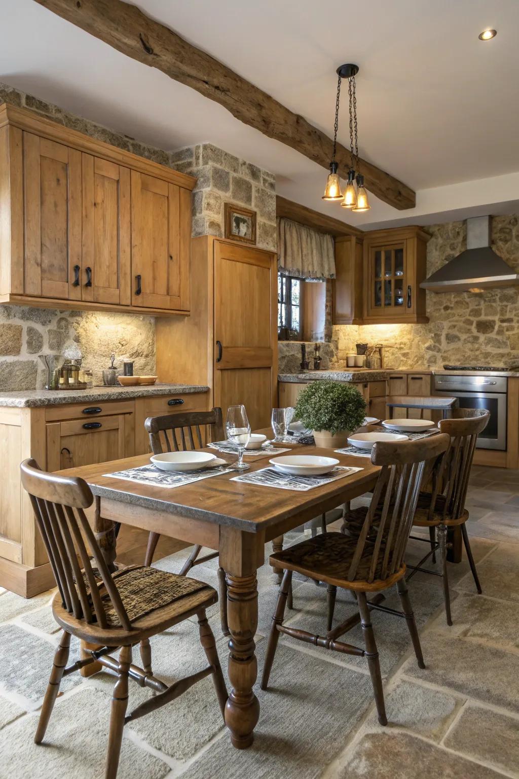 A farmhouse table with vintage chairs creates an inviting dining atmosphere.