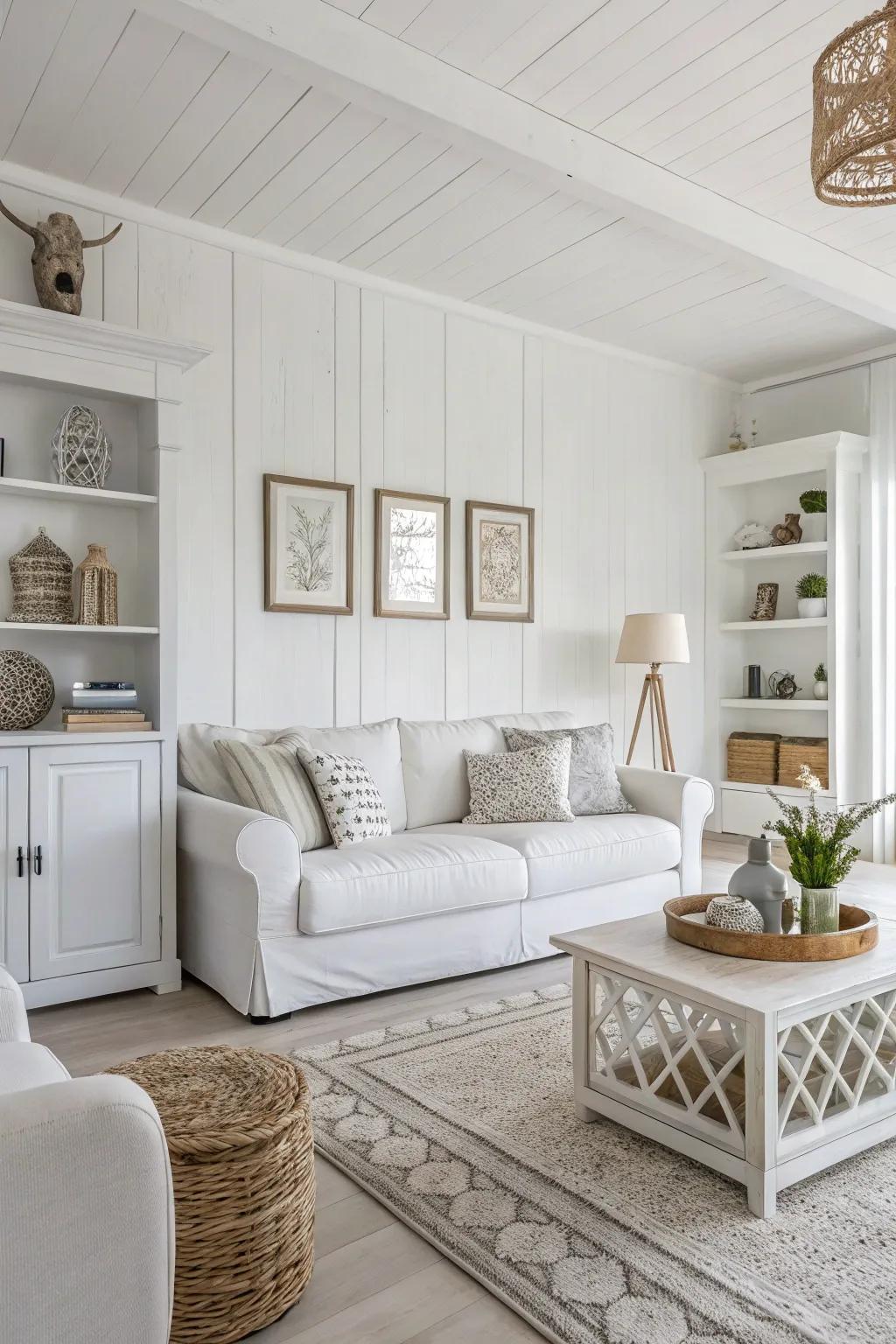 Different shades of white add depth to a modern living room.