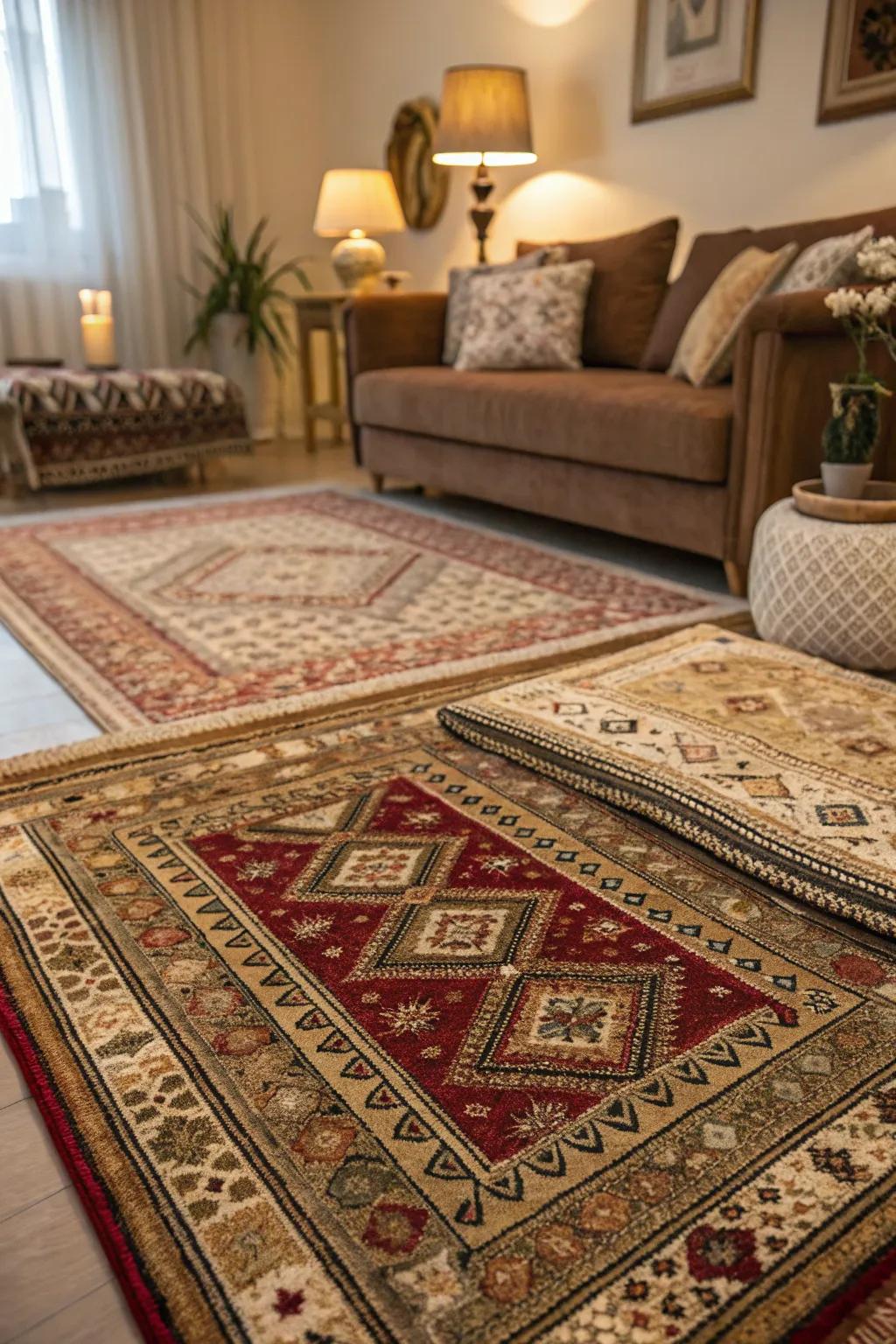 Layered carpets adding depth to a dimly lit living room.