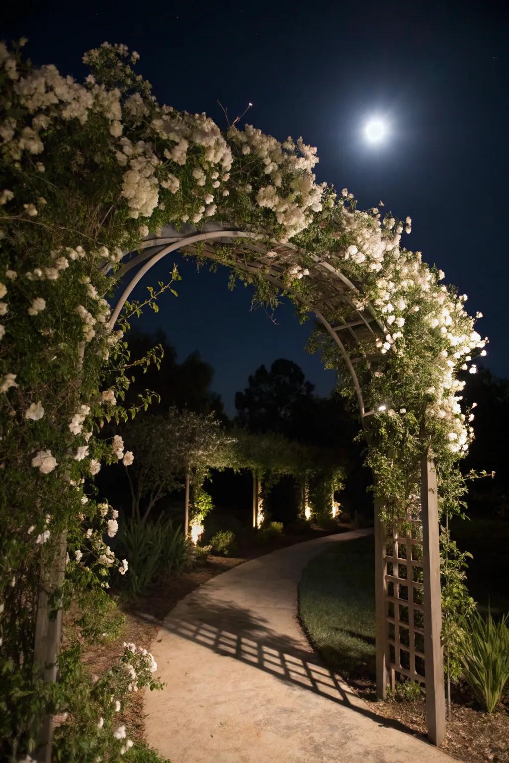 Arches with climbing white flowers create enchanting entryways.