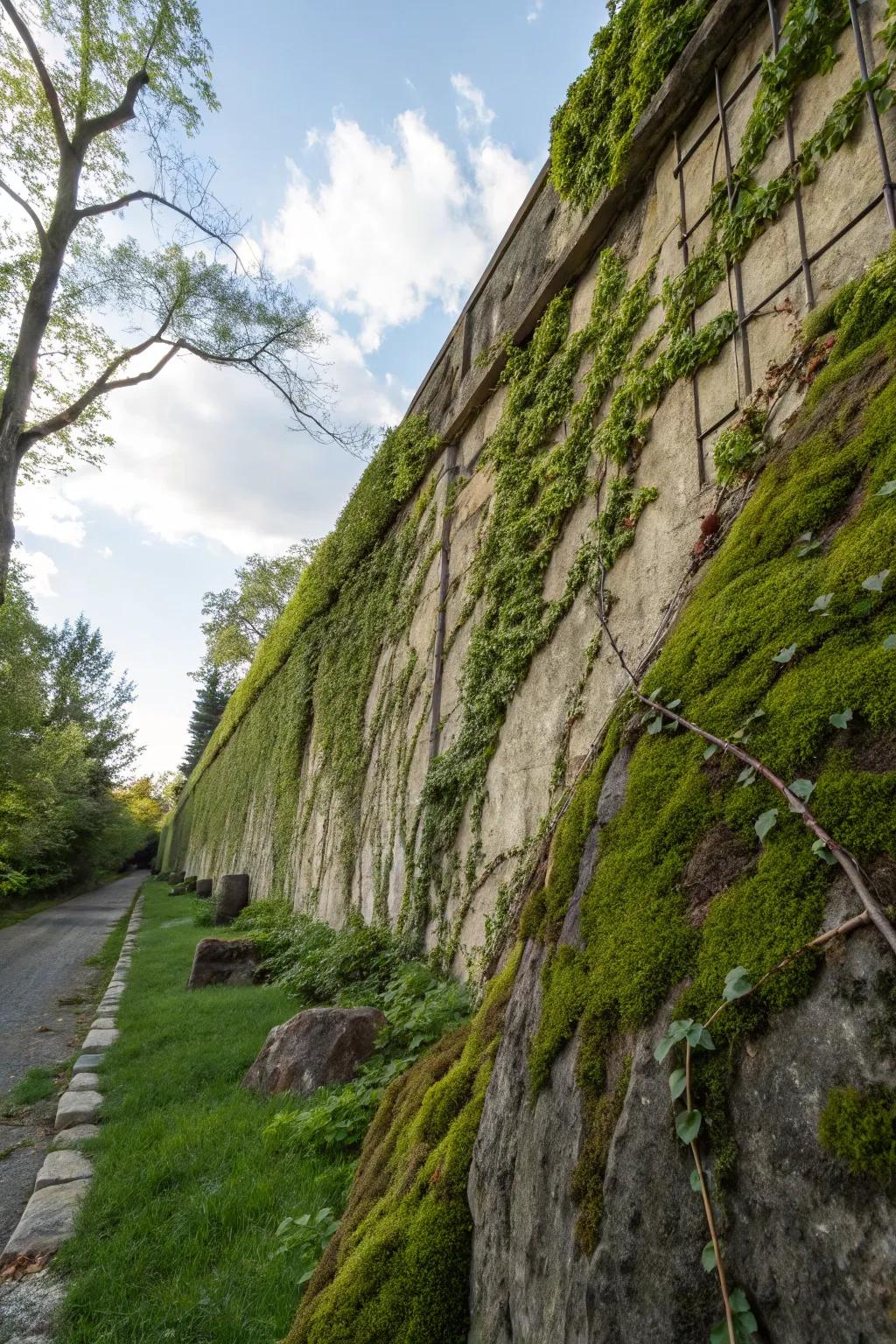 A captivating living wall accent featuring moss stones and greenery.