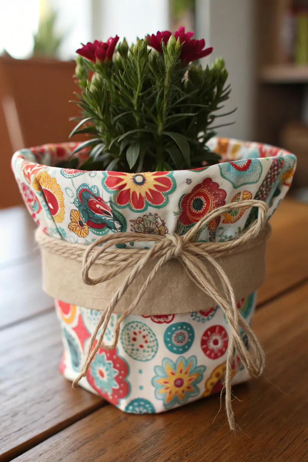 A flower container enfolded in textile for a distinctive impression.