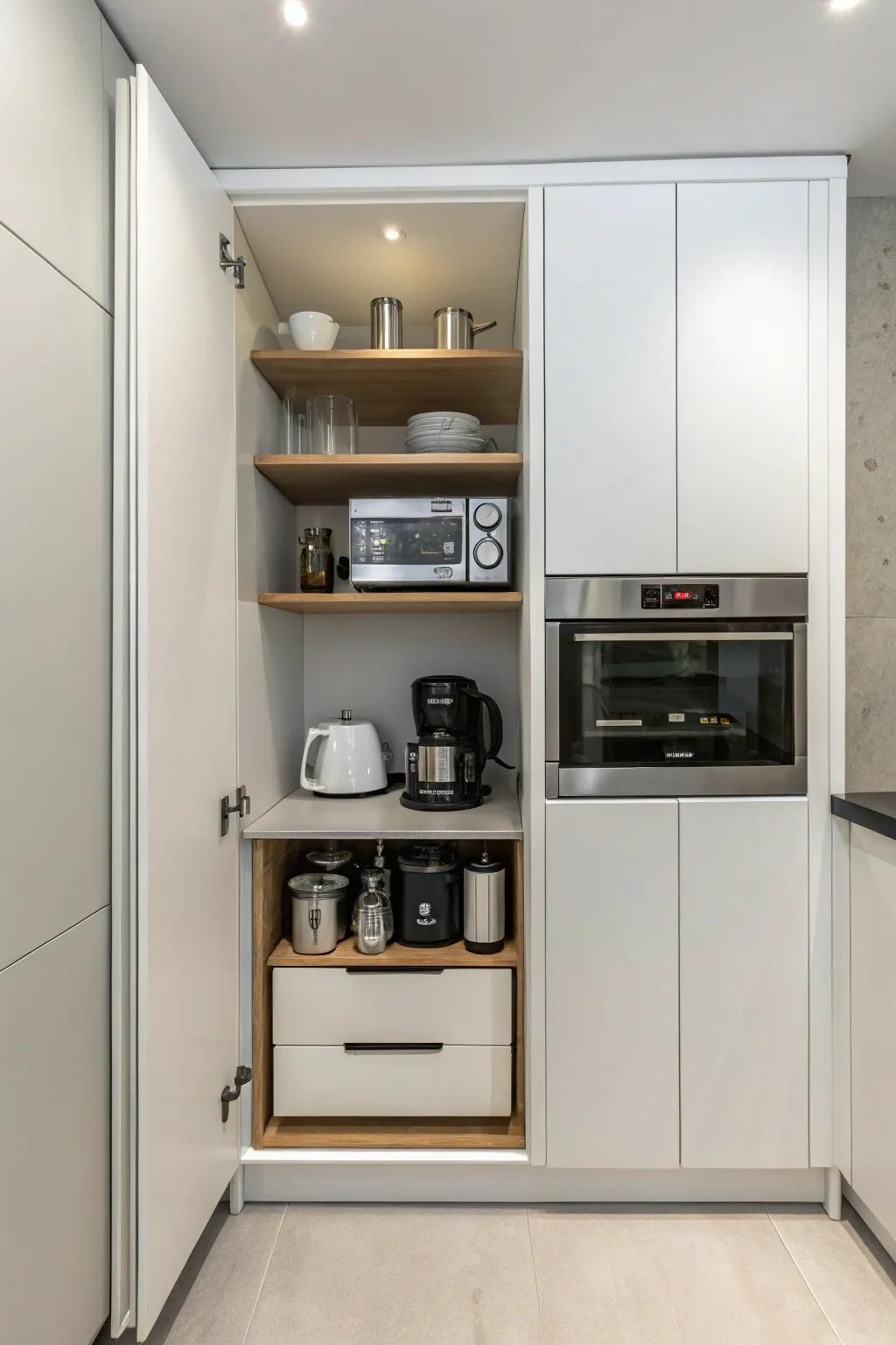 A slender cabinet concealing small appliances, enhancing a clutter-free kitchen aesthetic.
