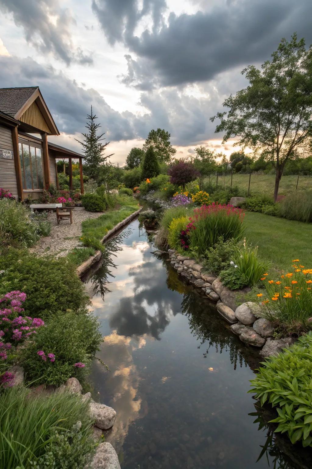 A reflective stream creating a serene backyard oasis.