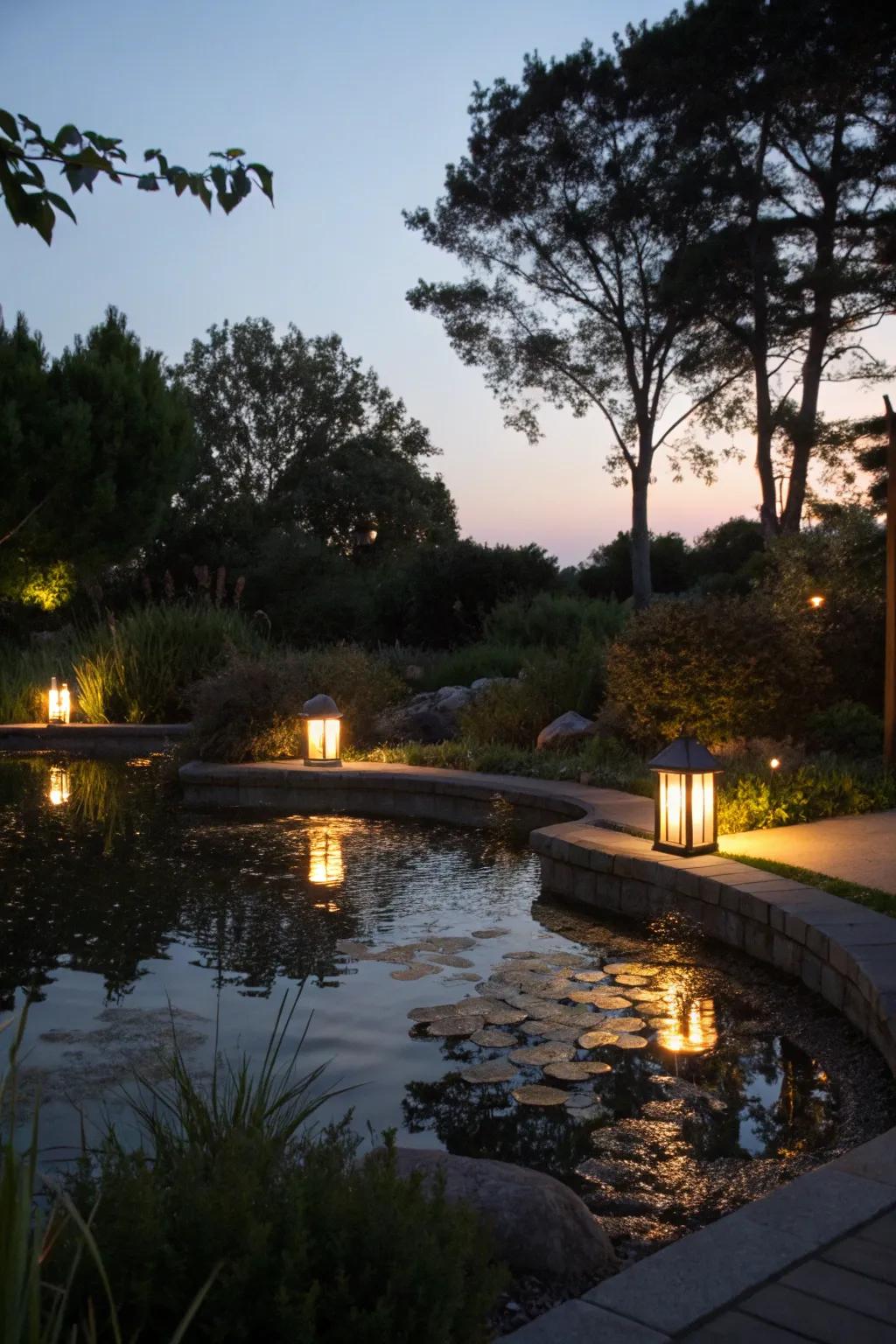 Solar lights casting a gentle glow over a serene pond.