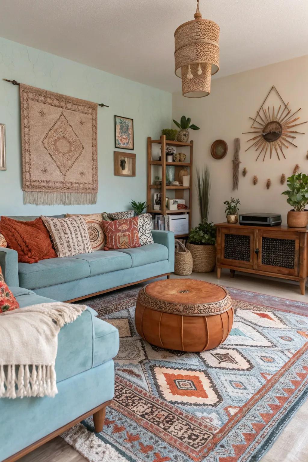 Powder blue and terracotta bring boho chic style to this living room.