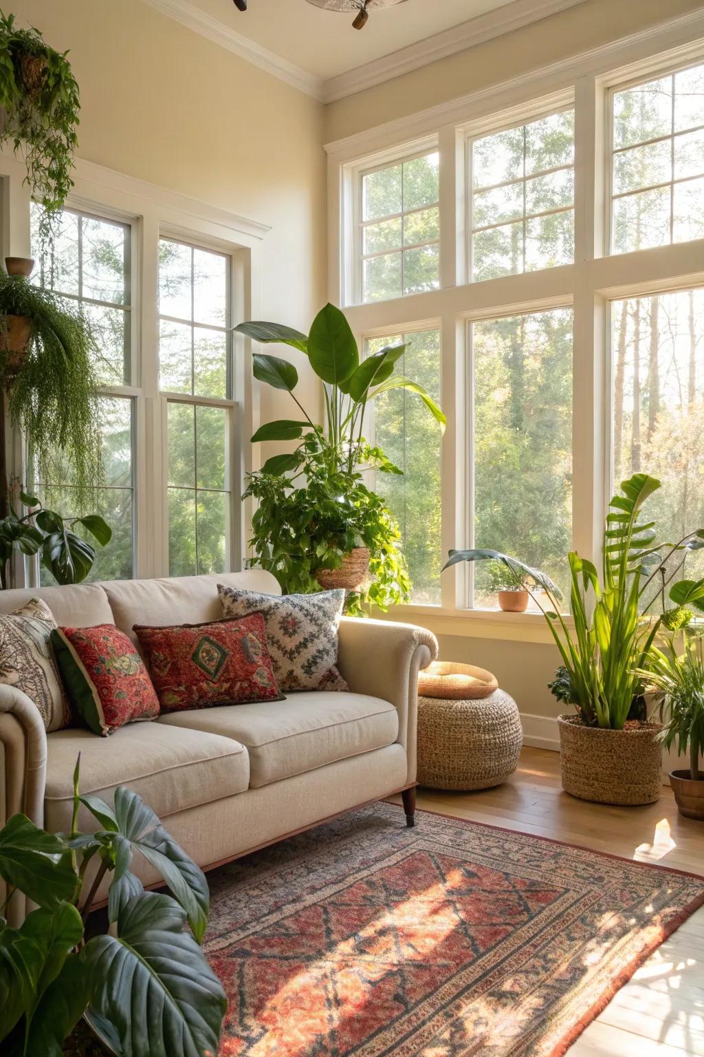 Lush indoor plants bring life and color to a neutral living room.