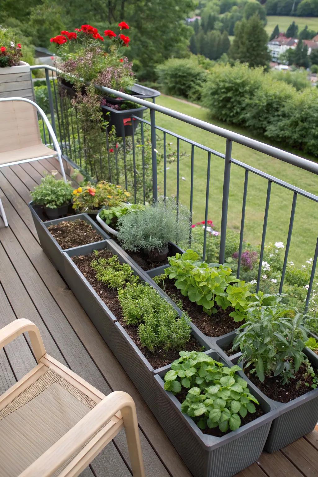 Effortless gardening featuring self-filling pots on a sunny deck.