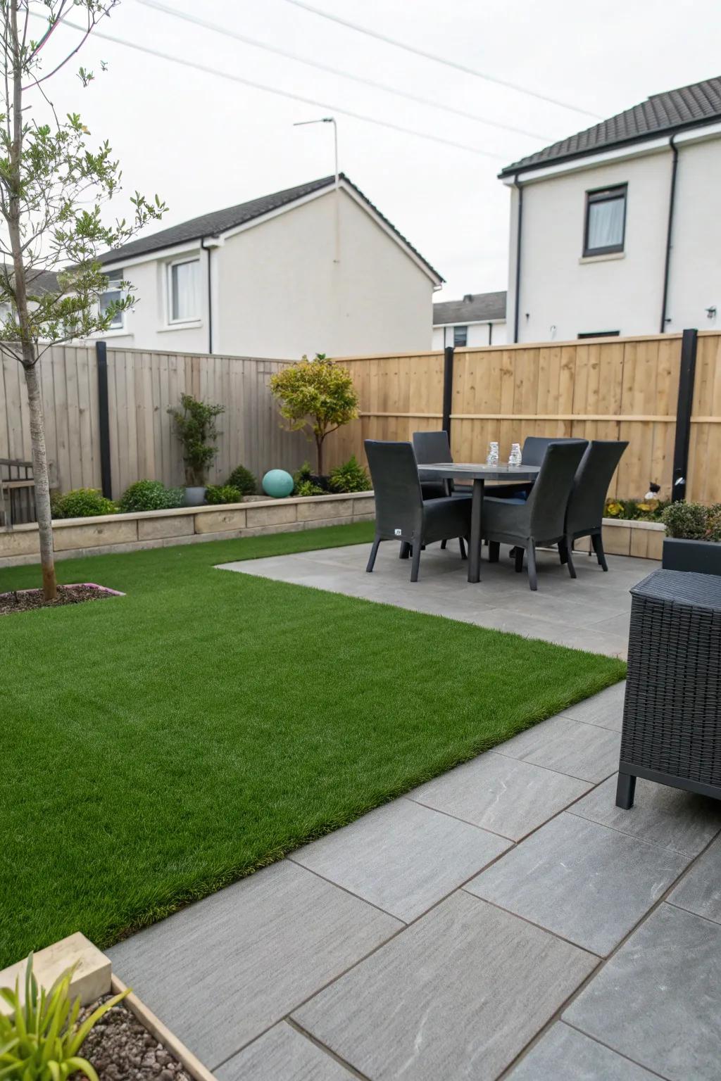 Artificial grass provides a green look with zero maintenance.