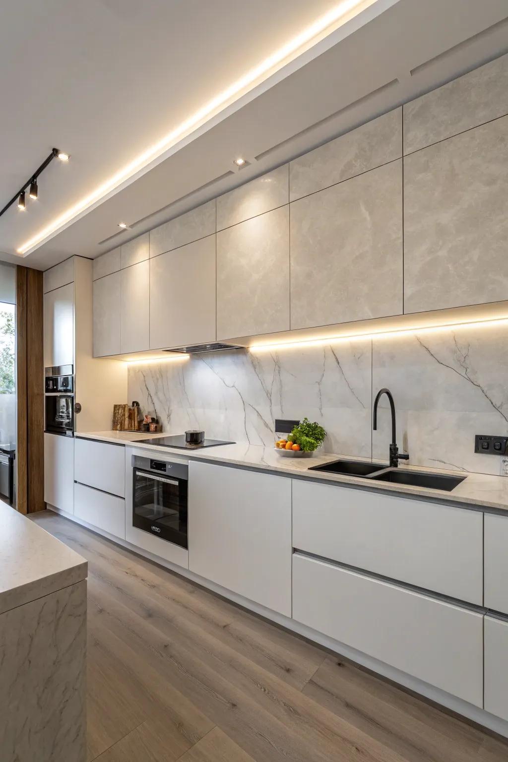 Flat material backsplashes deliver a consistent and contemporary aesthetic.