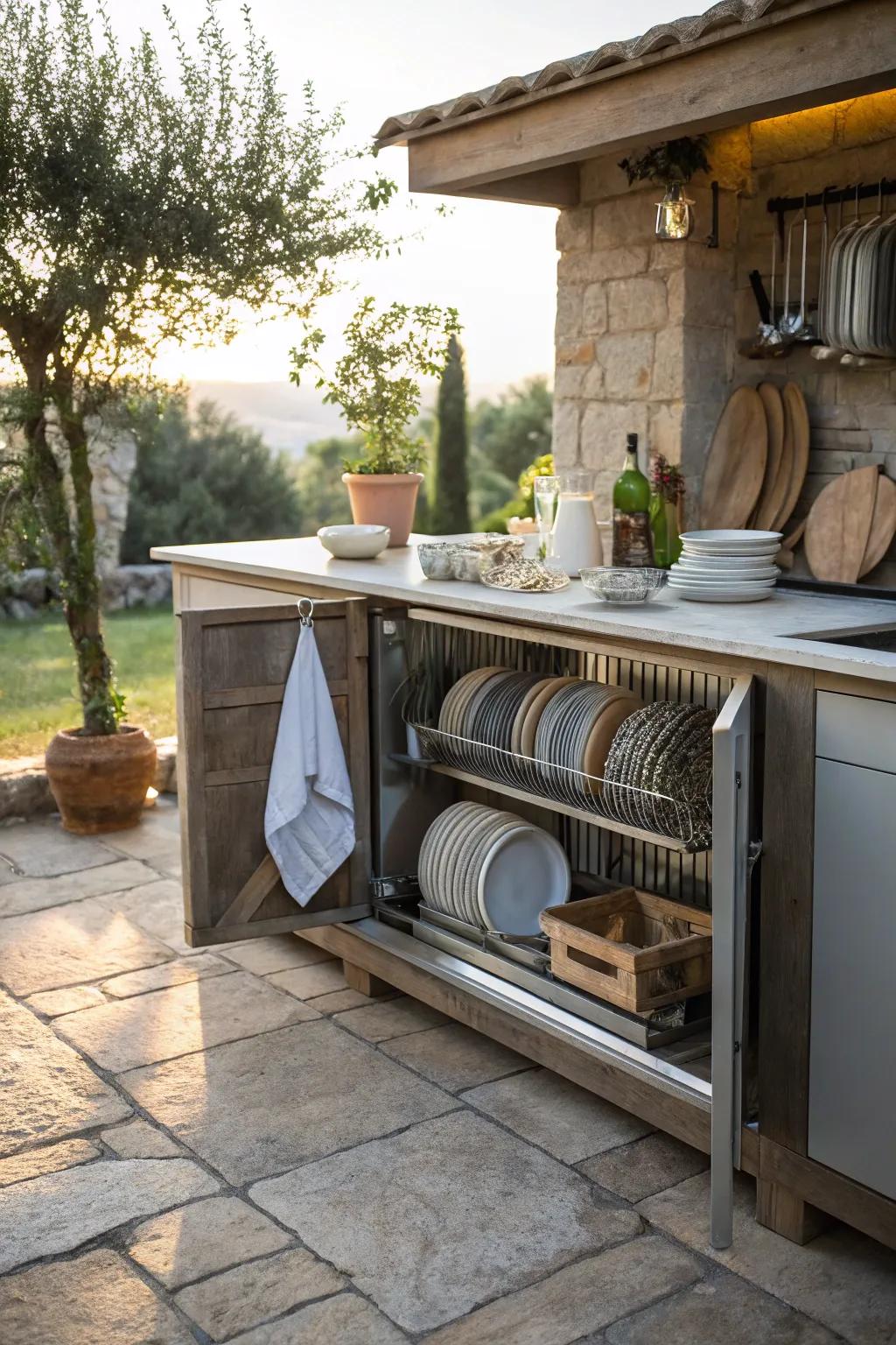 Dish-drying cabinets offer practical storage with a clean, efficient design.