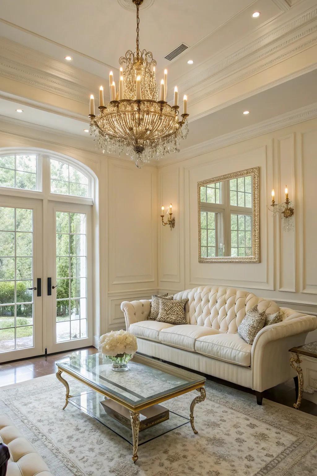 Elegant illumination establishes the tone in a pale ivory living room.