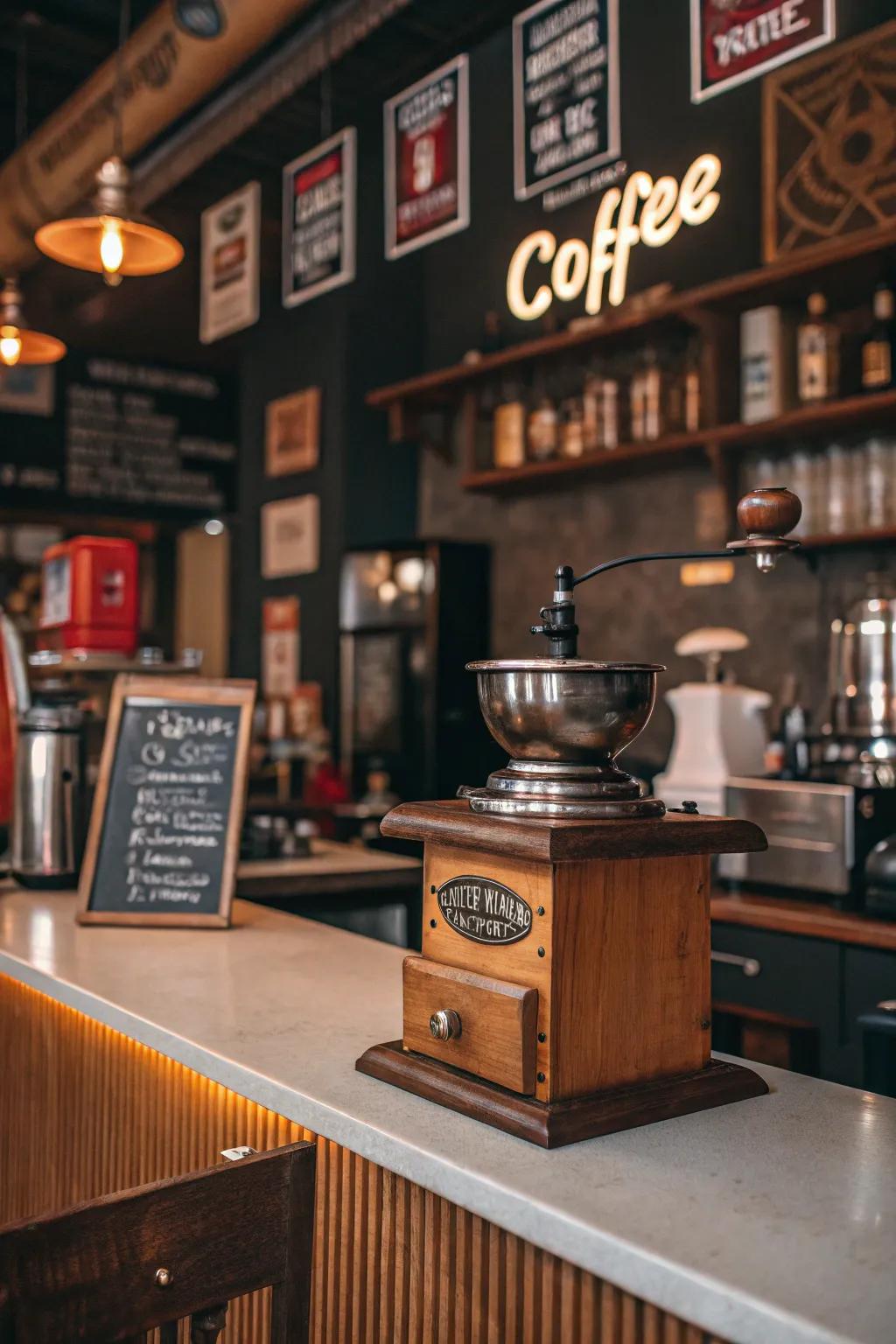 Vintage elements introduce warmth and character to your coffee bar.