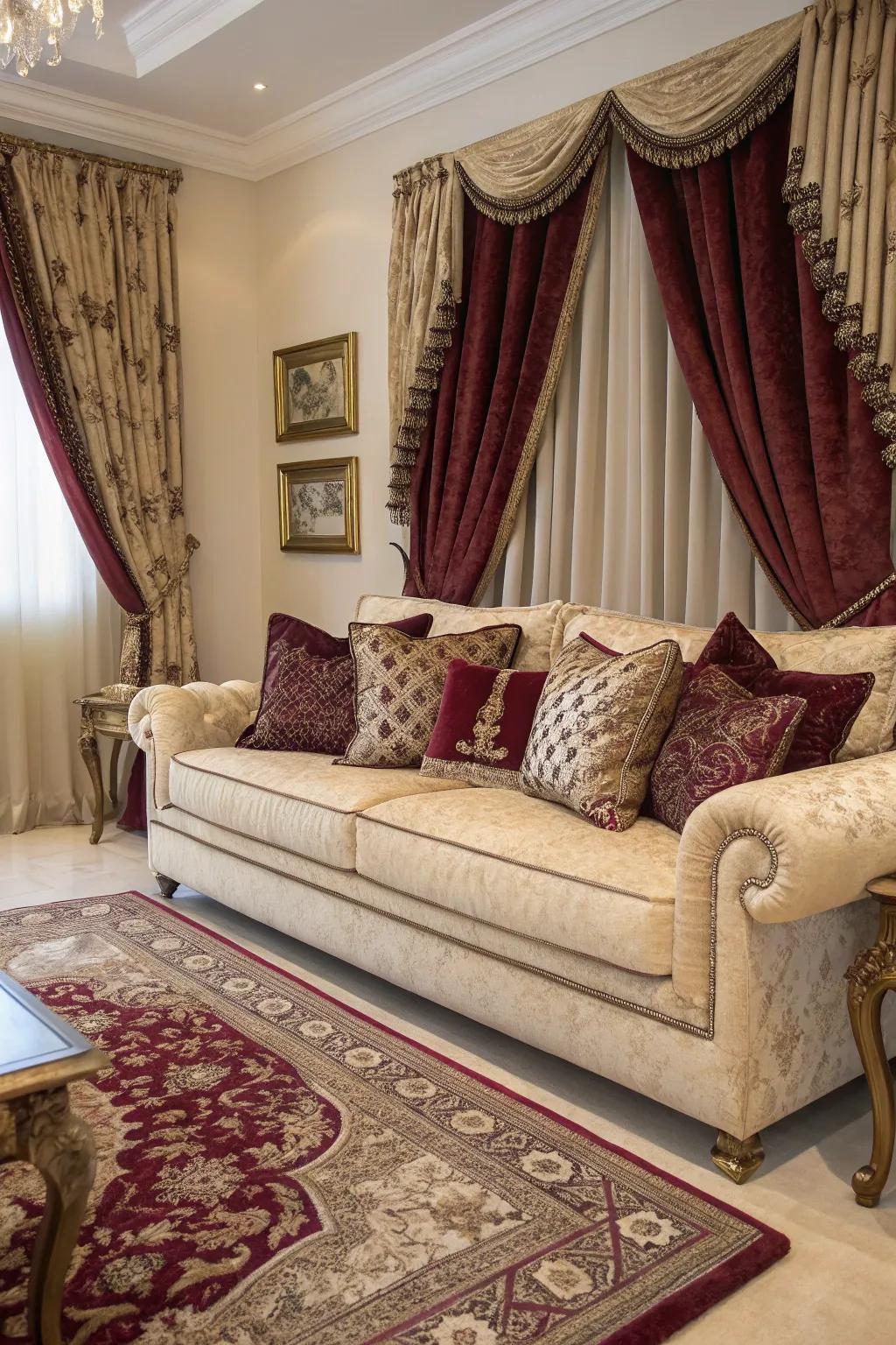 Rich textiles transform the living room into a cozy retreat.